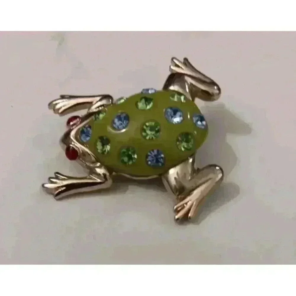 Adorable Green Gold-tone Frog Pin Brooch W‎ Rhinestones 1.5” Red Eyes
